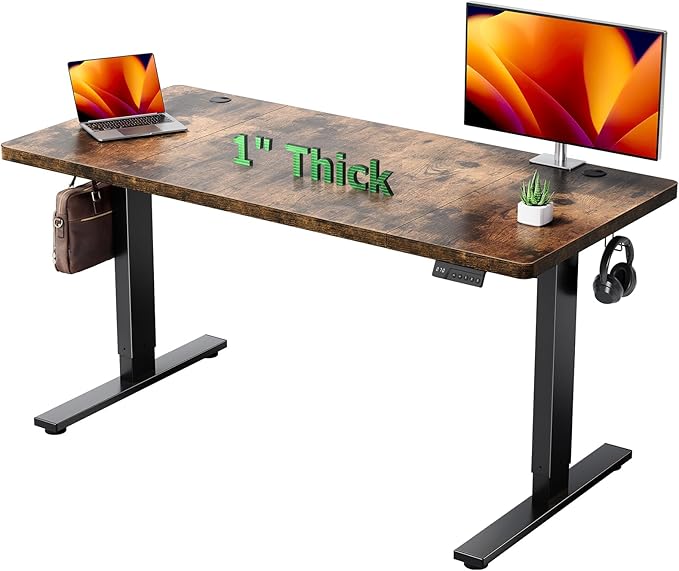 Electric Standing Desk Adjustable - 60x28 Inch Sit Stand Desk with 1 Inch Thick Tabletop Double Beam Frame 3 Memory Height Adjustment Cable Management for Home Office
