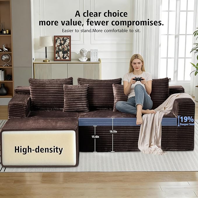 107 Boneless Modular Sectional Sofa L-Shaped Cloud Couch with Deep Seat &amp High Backrest Corduroy Couch Memory Foam Sectional Couch No Assembly Required for Living Room Apartment (Brown)