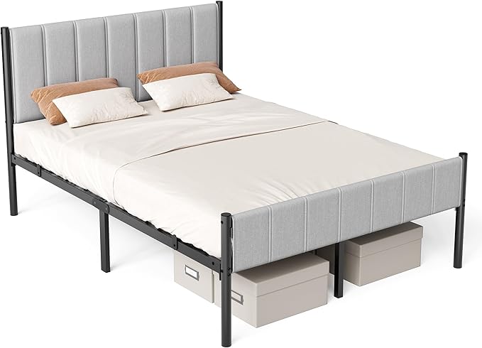 VASAGLE Full Bed Frame with Upholstered Headboard Metal Bed Frame Full Size with Footboard 1100 lb Weight Capacity Steel Slats Easy Assembly No Box Spring Needed Dove Gray URMB982G01V1