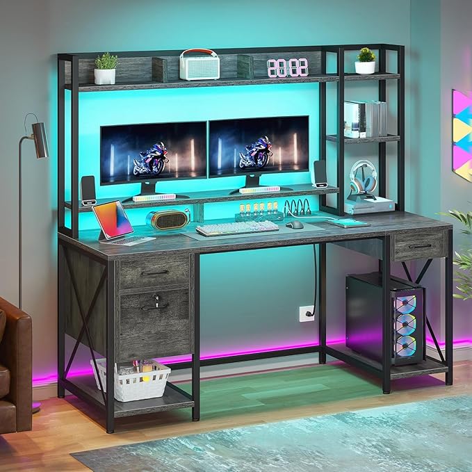 YITAHOME Computer Desk with Hutch &amp Drawers 59 Office Desk with Power Outlets Gaming Desk with LED Lights and Storage Shelves Grey