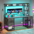 YITAHOME Computer Desk with Hutch &amp Drawers 59 Office Desk with Power Outlets Gaming Desk with LED Lights and Storage Shelves Grey