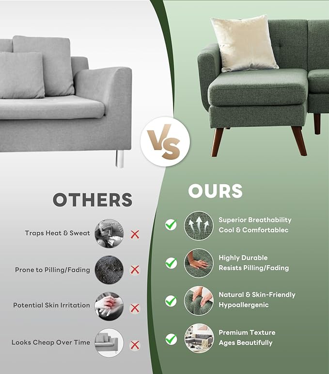Tbfit L Shaped Couch Sofa 80 W Mid-Century Modern Sectional Couches 3 Seater Sofas with Wide Chaise Lounge Button Tufted Upholstered Sectional Sofa for Living Room Bedroom Green | linen fabric