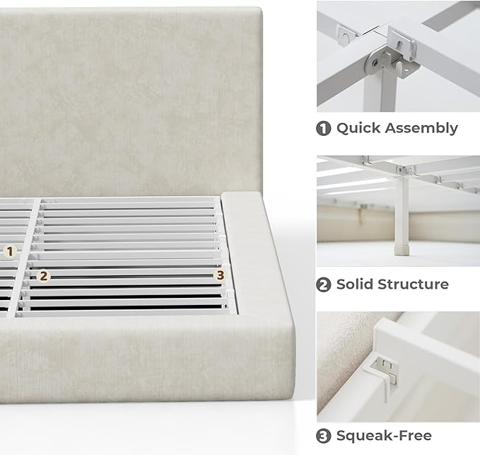 RECCI AirFrame Full Size Bed Frame with Headboard Cloud Upholstered Platform Bed Frame 5 Inch Foam Cushioned No Box Spring Easy Assembly(Beige Chenille)