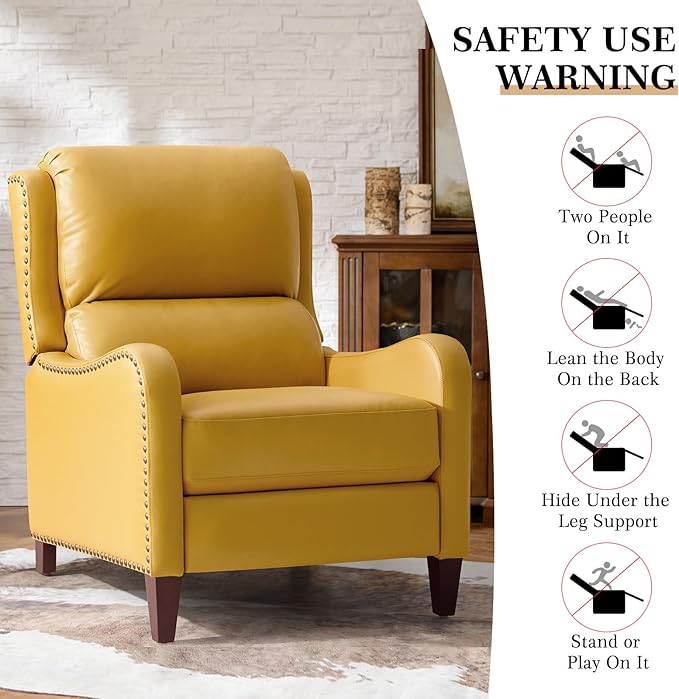 HULALA HOME Genuine Leather Recliner Chair Modern Push Back Recliner Armchair with Thick Seat Backrest &amp Footrest Nailhead Decor for Living Room Bedroom Yellow