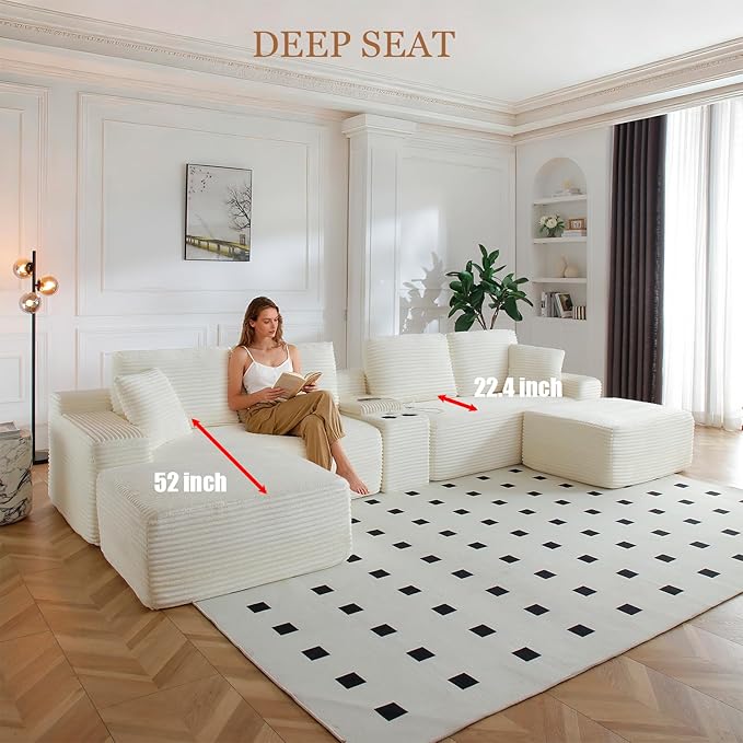 125 Oversized U-Shaped Cloud Sectional Couch 6-Seater Modular Sectional Sofa with USB Ports/Storge Console/Cup Holder Modern Deep Seat Corduroy Boneless Couch for Living Room No Assembly Beige