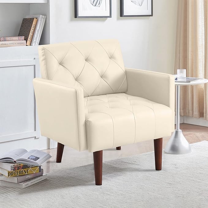 Leather Accent Chair Mid Century Modern PU Leather High Back Armchair for Living Room Chairs with Solid Wood Legs for Small Spaces Bedroom Office (White 29.1 x 25.6 x 31.1)