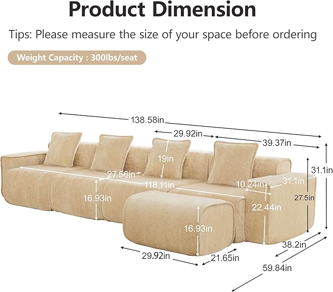 KEIKI 4Seat Modular Boneless Velvet Sofa Couch for Casual Home Bedroom Studio Style Conscious Homeowners Luxurious Elegant Sophisticated Refined Design Stylish Design Light Camel
