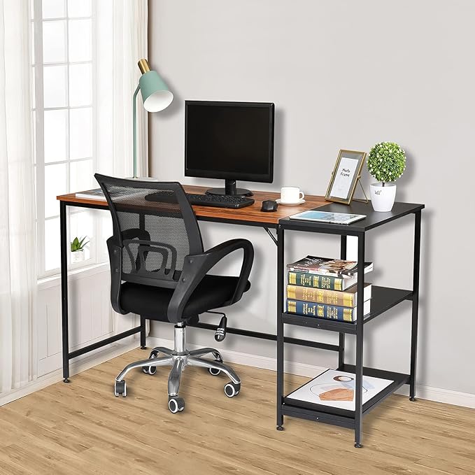 Home Office Desks Corner Computer Desk with Storage Shelves 140cm Industrial Office Desk Study Writing Table Workstation with Printer Stand and Bookshelf for Home Office 140 x 60 x 75cm(L x W x H)