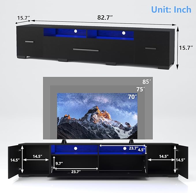 LED TV Stand for 55 65 75 85 Inch TV Minimalism Entertainment Center with LED Light Symmetric Assembled TV Console TV Table with Large Storage for 60 70 80 Inch TV for Living Room Black