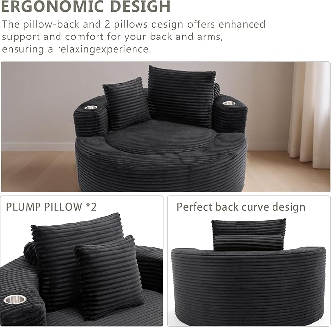 55 Black Oversized Round Boneless Couch Sofa Velvet Memory Foam Cloud Couches Lounge Chair Comfy Fluffy Single Sofa with 3 Pillows for Living Room Bedroom No Assembly Required (Black .)