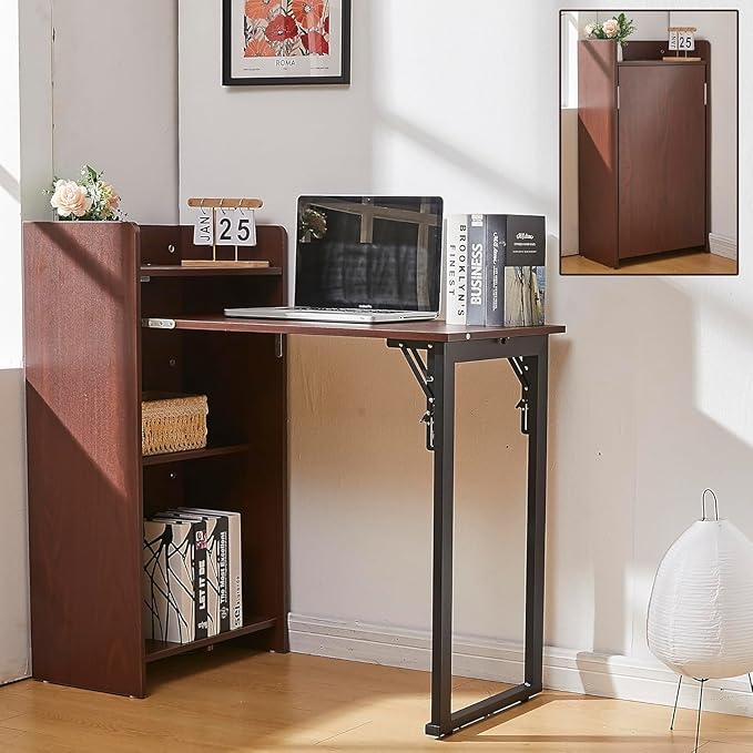 Bamboo Foldable DeskHidden Desk with StorageMid Century Fold Out Table for Small SpacesHome Office and Bedroom (Walnut Brown)