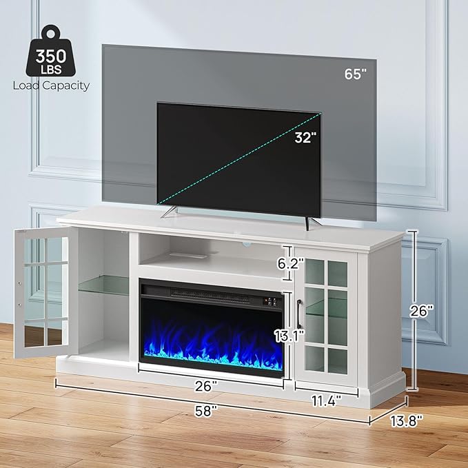 Rolanstar Fireplace TV Stand with Led and Power Outlets White Entertainment Center with 26 Electric Fireplace for 45/50/55/60/65 inch TVs Modern TV Console with Storage Cabinet for Living Room