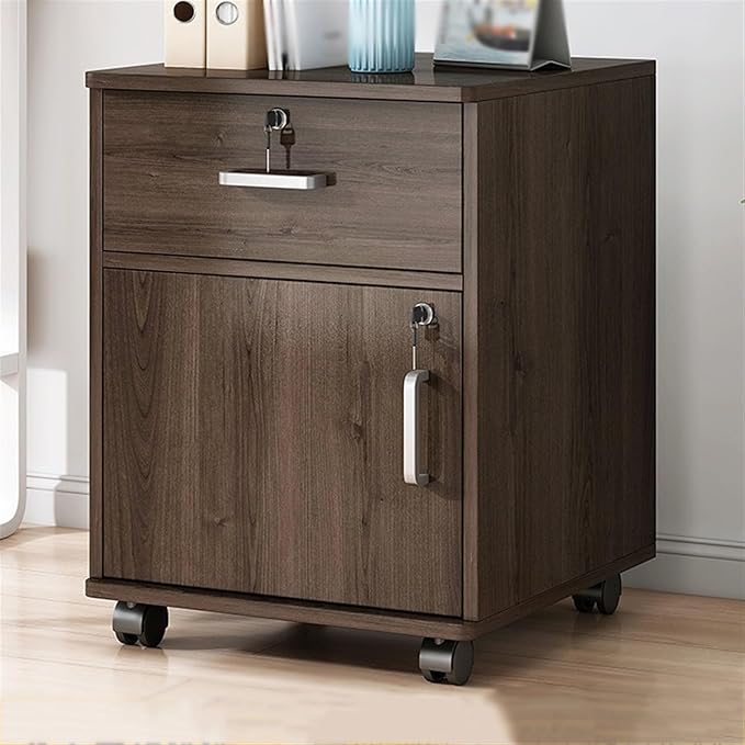 File Cabinet Office Filing CabinetWooden One Drawer with One Door Storage CabinetFiling CabinetWith Lock StorageWheel Slide Small Side Cabinet Archive Cabinet(Color:Bruin)