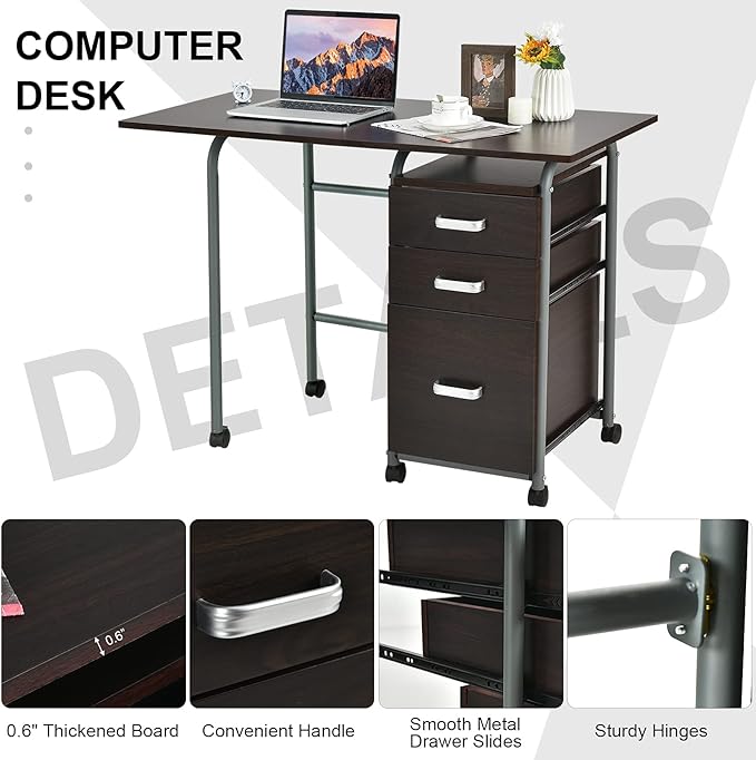 GRAFFY Computer Desk Small Laptop Work Desk w/Folding Table top &amp 3 Storage Drawers Collapsible Desk w/6 Wheels Writing Workstation Laptop Table for Home Office Brown (Brown)