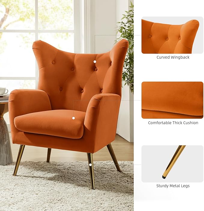 HULALA HOME Velvet Accent Chair Set of 2 Modern Wingback Arm Chair with Metal Gold Legs Velvet Tufted Upholstered(Orange)