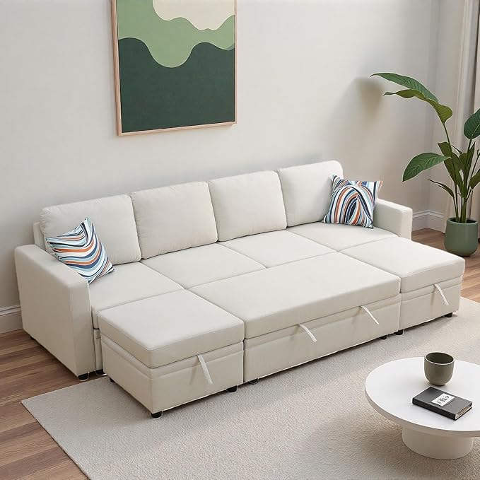 102 Inch Pull Out Couch Convertible Sofa Bed for Living Room Comfortable Sleeper Sofa with Pull Out Bed Modern Sectional Couches with Ottoman Storage Easy Assembly for Apartment Off-White