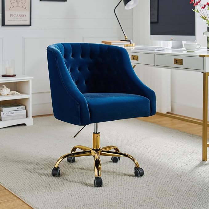 TINA'S HOME Velvet Home Office Chair with Gold Base Comfortable Modern Cute Desk Chair Adjustable Swivel Task Chair for Living Room Bedroom Vanity Study Navy