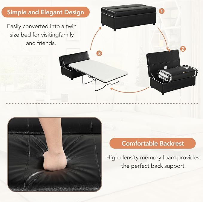 46 Ottoman Folding Bed Twin Size Convertible Ottoman Pull Out Bed with Memory Mattress Foldable Sofa Beds Dual Use Guest Sleeper Couch for Living Room Bedroom Guest Room RV (Black+PU)