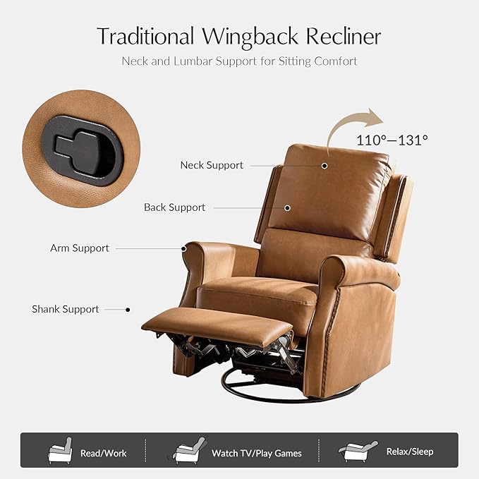 HULALA HOME Faux Leather Swivel Rocker Recliners Set of 2 with Adjustable Backrest and Footrest Push Back Recliner Chairs with Nailhead Trim Swivel Glider Rocking Chairs for Living Room Camel