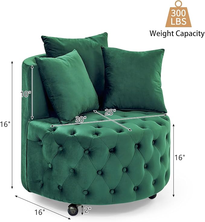 GNIXUU Swivel Barrel Accent Chair 30” Modern Velvet Round Swivel Chair with 3 Pillows and Wheels Comfy Tufted Single Club Sofa Lounge Chair for Living Room Bedroom(Green).