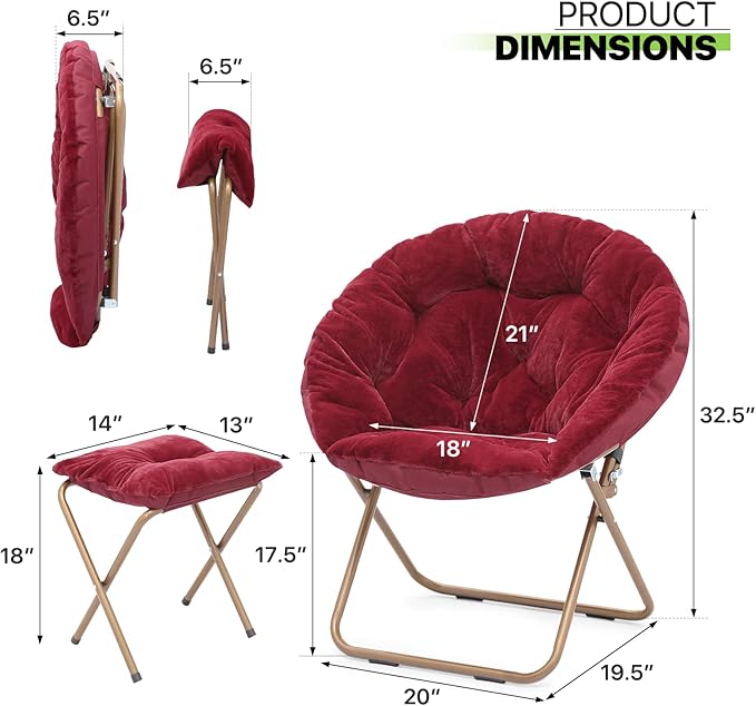 Magshion Folding Saucer Chair for Adults with Ottoman Circle Reading Chair for Bedroom Living Room &amp Dorm Furry Comfy Accent Seat with Metal Leg &amp Thick Padded for Small Spaces (Burgundy 1