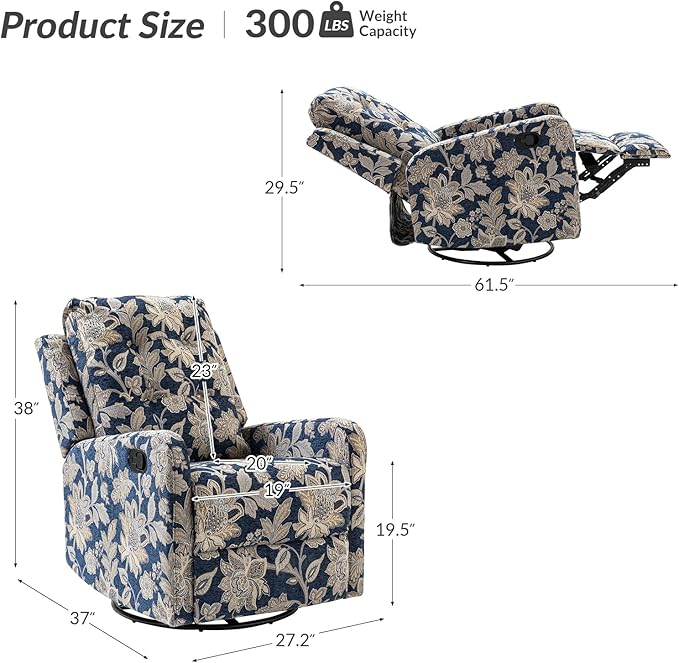 HULALA Home Recliner Chair Modern Printed Fabric for Living Room Wingback Rocker Recliner Sofa Comfy Armchair 360 Degree Swivel Nursery Rocking Chairs with Adjustable Backrest &amp Footrest/Navy
