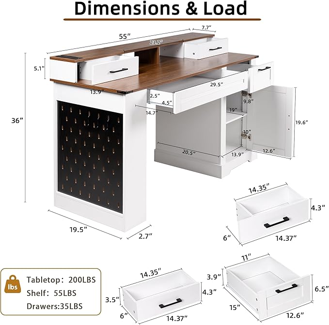 55 Farmhouse Computer Desk with Power Outlets Removable Monitor Stand with Drawers Convertible Keyboard Tray &amp Storage Cabinet Home Office Writing Desk with Pegboard Organizer