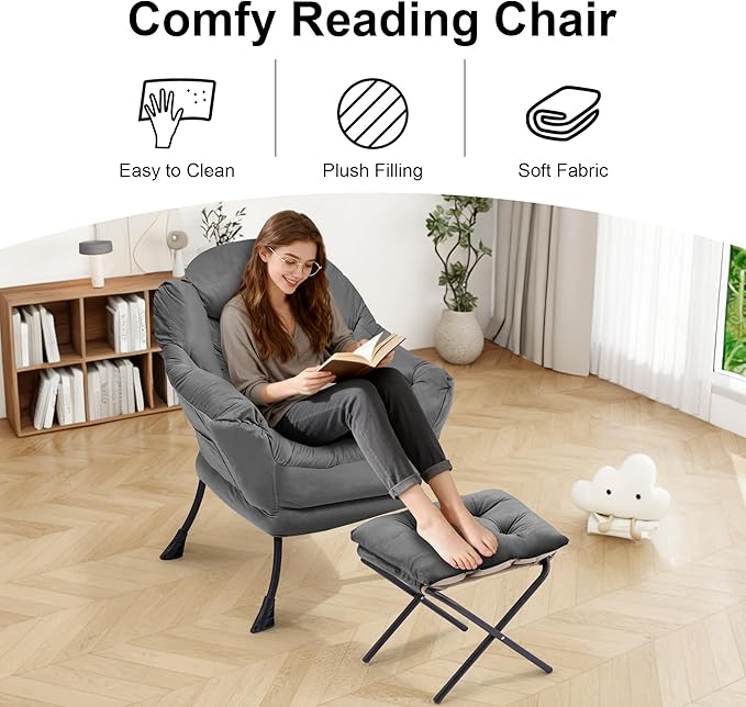 Lazy Chair with OttomanOversized Accent Chair with Thick Cushion Side PocketModern Lounge Arm Reading Chair and Folding Footrest for Living RoomBedroomOfficeDormApartment Darkgrey