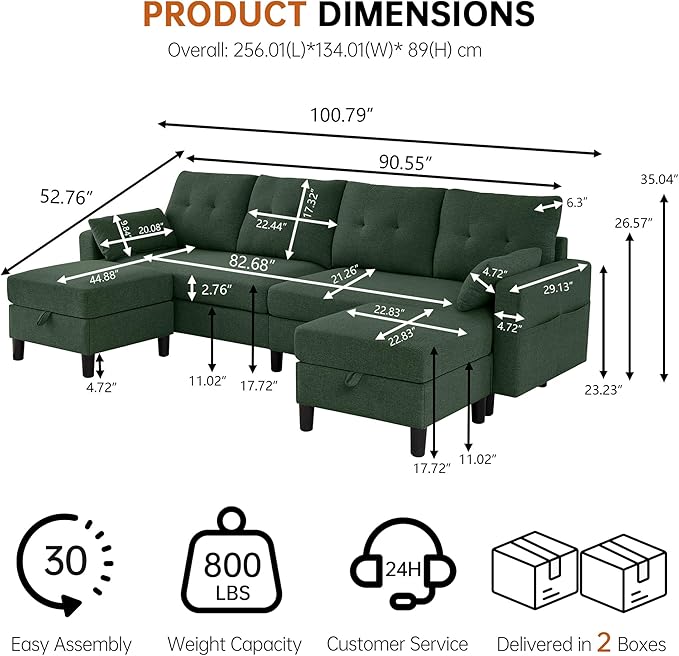 Sectional U Shape Sofa with Storage 100 U Shaped 4 Seater Couch with 2 Movable Ottoman Chaises Polyester Fibre for Living Room Green