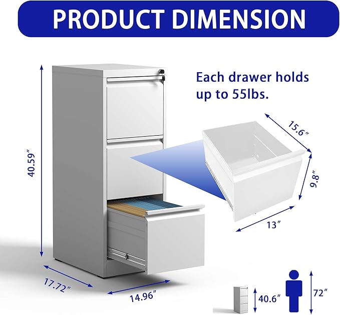 3 Drawer Metal Vertical File Cabinet with Lock Office Home Steel Vertical File Cabinet for A4 Legal/Letter Size (White)