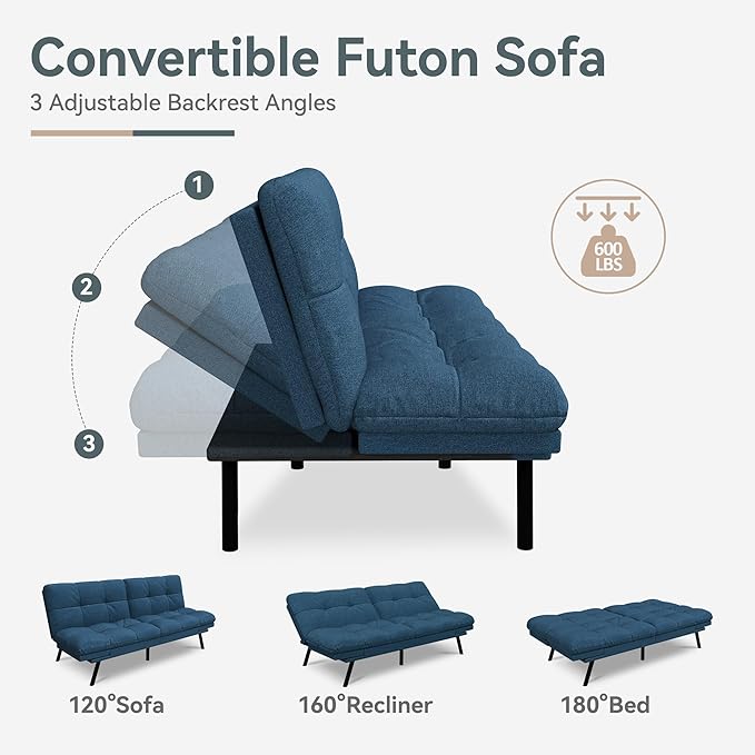 Opoiar Convertible Futon Sofa Bed Blue Linen Futon Couch with Adjustable Backrest &amp Armrests Folding Small Recliner Sleeper Sofa Bed for Living Room Apartment Office