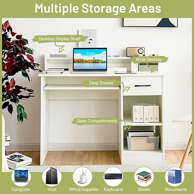 Tangkula White Desk with Drawer &amp Keyboard Tray 22 Inch Wide Modern Study Writing Desk with Desktop Hutch &amp Storage Shelves Home Office Desk for Teens Wood PC Laptop Desk Desk for Bedroom