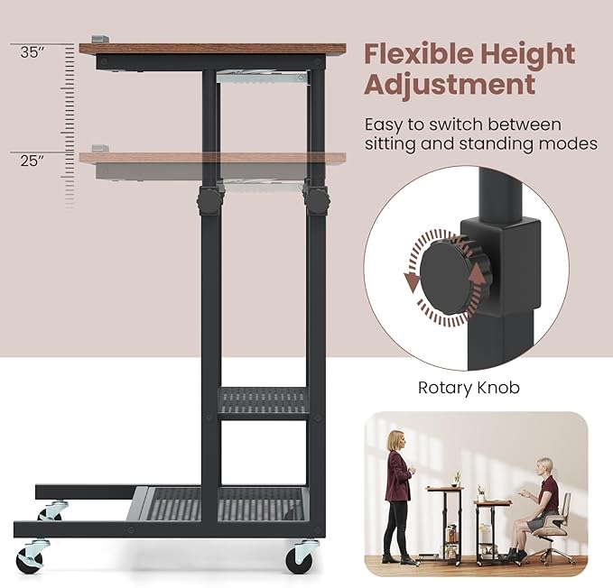 Tangkula Mobile Computer Desk Cart Height Adjustable Rolling Laptop PC Desk with Tilting Tabletop &amp Storage Shelves Small Compact Desk on Wheels for Small Space Living Room &amp Bedroom (Rusti