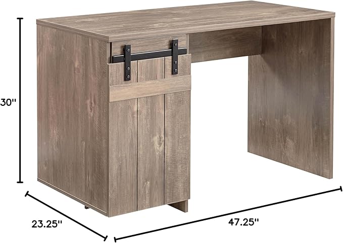Home Office Desk Hazelnut One Cabinet Three Shelves Faux Barn Door on Metal Euro Hinges Modesty Panel