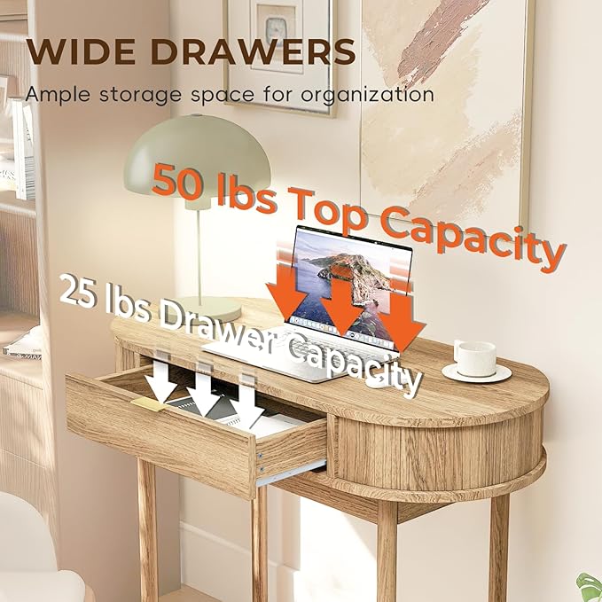 Writing Desk with Drawer 39 Small Computer Desk with Fluted Design Oval Wood Study Table for Small Space Modern Home Office Desk Makeup Vanity Table for Bedroom Oak