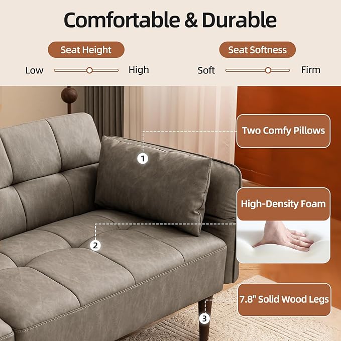 Futon Sofa Bed Sleeper Sofa Small Couch with Storage Adjustable Armrests Pillows Faux Leather Loveseat Mid Century Modern Couches for Living Room Bedroom Apartment Grey
