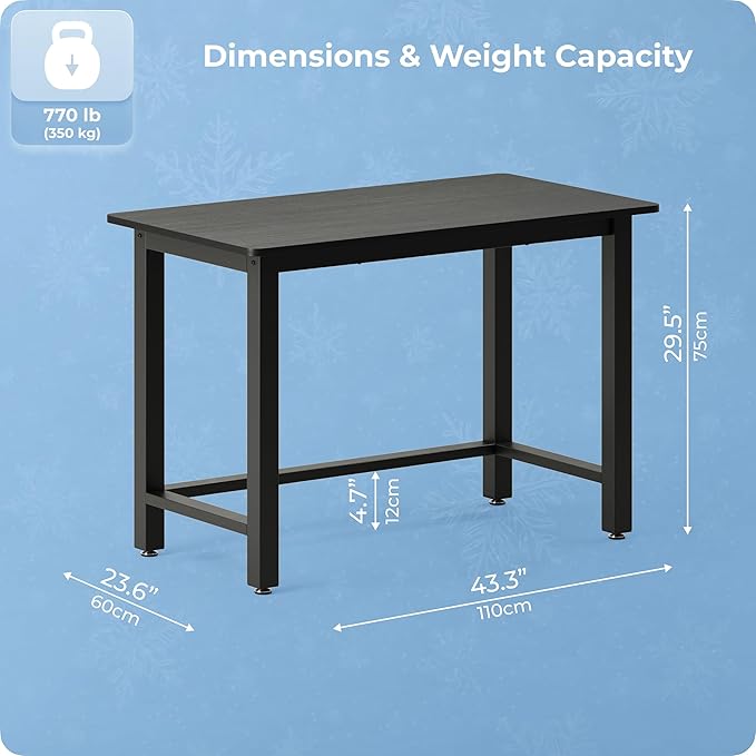 43 Home Office Desk Modern Computer Desk 43.3x23.6x29.5 inches PC Table with Thicken Frame Industrial Style Sturdy Metal Frame Furniture for Writing Gaming Black+Black