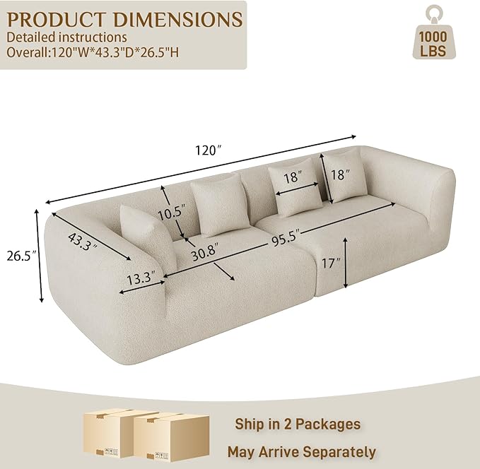 120 Oversized Sectional Couches for Living Room Comfy Plush Boneless Modular Sectional Sofa Modern Modular Couch Chenille Cloud Couch Sectionals 4 Seater No Assembly Needed Beige White