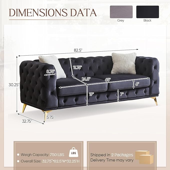 Mid Century Modern Couch82W Luxury Upholstered Velvet Oversized Loveseat Couch with Button Tufted &amp Gold Legs Deep Seat Comfy Chesterfield Sofa for Living Room Bedroom Office(3 Seater Black)