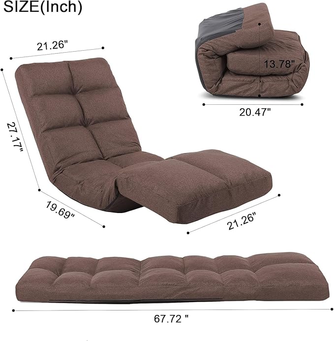 Floor Recliner with Adjustable Footrest - 14-Position Backrest &amp 5-Level Footrest for Ultimate Relaxation Foldable Linen Chaise Lounge Chair for Living Room (Brown)