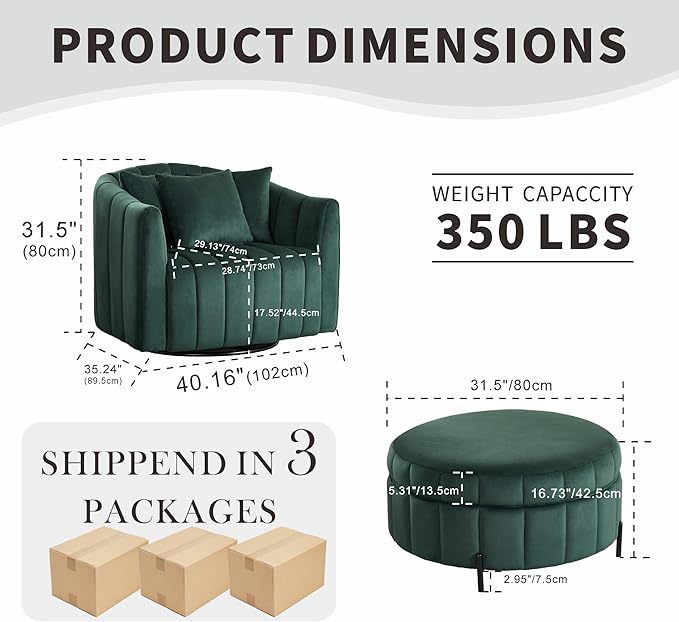 Mlmh &amp Kngwa 40.35 W Swivel Accent Chairs with Ottoman Oversized 360 Degree Swivel Barrel Chair with 3 Pillows Velvet Armchair for Living Room Bedroom Green