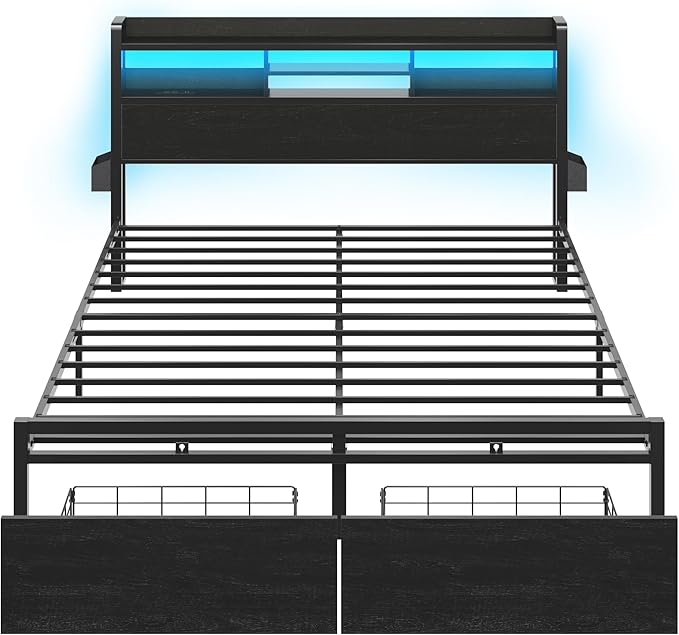 Furnulem King Bed Frame with Wood Headboard &amp Storage Drawers Metal Platform Bed Frames King Size with LED Lights Built in Charging Station No Box Spring Needed No Noise Easy Assembly Black