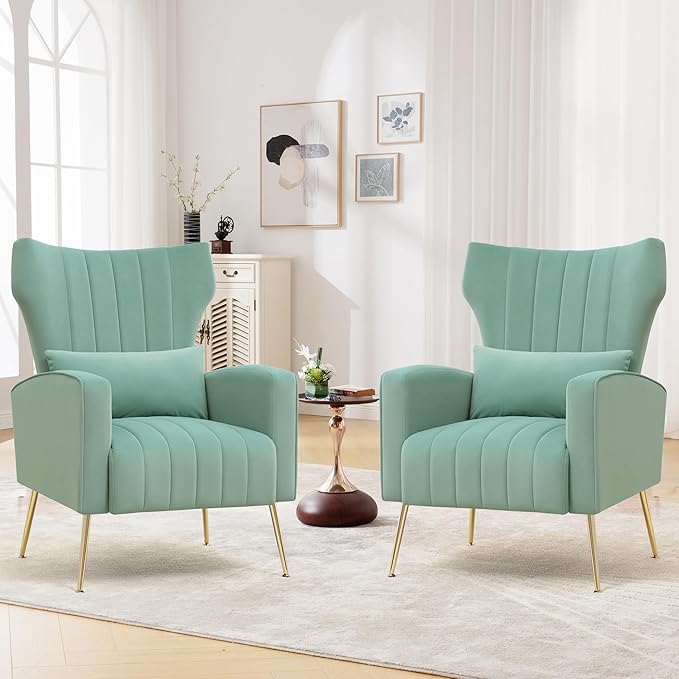 Accent Chairs Set of 2Upholstered Living Room ChairsHigh Back Arm Chairs with Metal Legs Lumbar Reading Chairs for Living RoomBedroom Apartment Lake Green