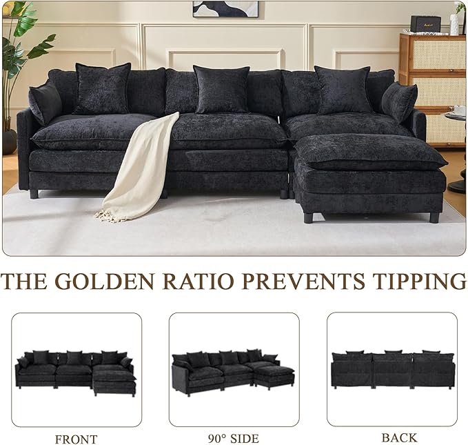 107 L Shaped Modern Sofa Modular Sectional Upholstered Double-Layer 3 Seater Cloud Couch Chenille Deep Seat Sofa with Throw Pillows &amp Movable Ottoman for Living Room Apartment Black