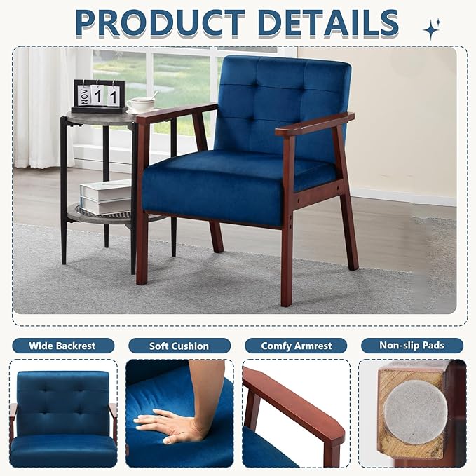Anwick Mid-Century Accent ChairModern Velvet Living Room Chair with Solid Wood FrameComfy Armchair Lounge Reading Chairs for Bedroom Office Small Spaces (Blue)