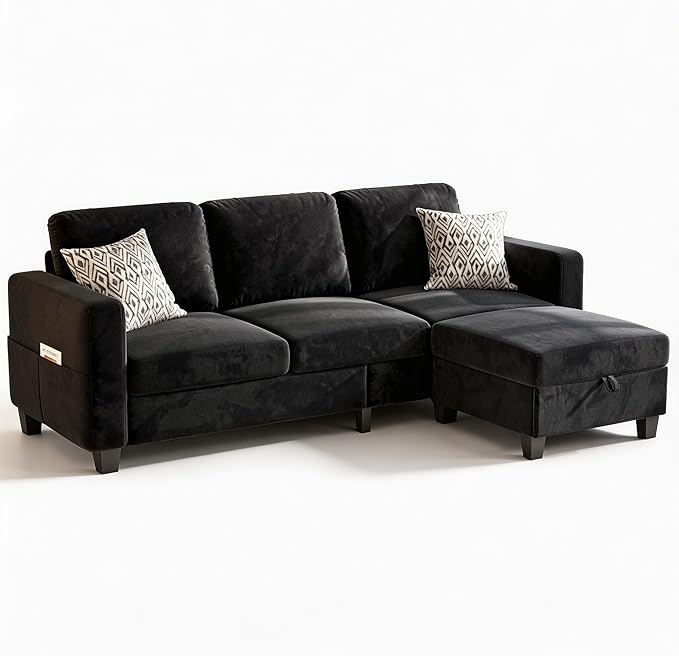 Youmumeub Sectional Couches for Living Room - Convertible Sofa and Storage Bench79''Modern Corner ConfigurationSuitable for Living Room Apartment Bedroom and Office-Black | Reversible Chaise Wash