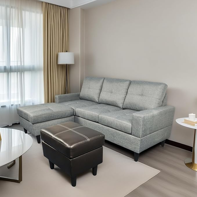 FONTOI L Shaped Sofa with Ottoman Modern Faux Leather Couch with Chaise 3 Seat Living Room Sofa Set with Solid Wood for Home Apartment Study Room Brown Grey