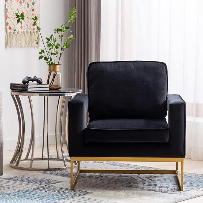 HEAH-YO Modern Accent Chairs Set of 2 Comfy Upholstered Living Room Chairs with Armrests and Golden Metal Legs Modern Side Chairs for Living Room Bedroom Black