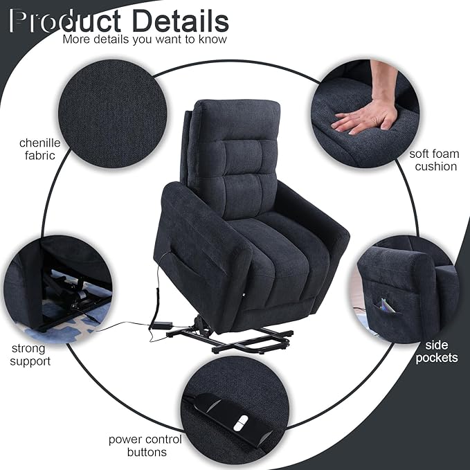 Power Lift Recliner Chair Electric Power Lift Recliner Chair for Elderly Single Seat Chenille Reclining Sofa with Side Pocket for Bedroom Living Room Office (Black)