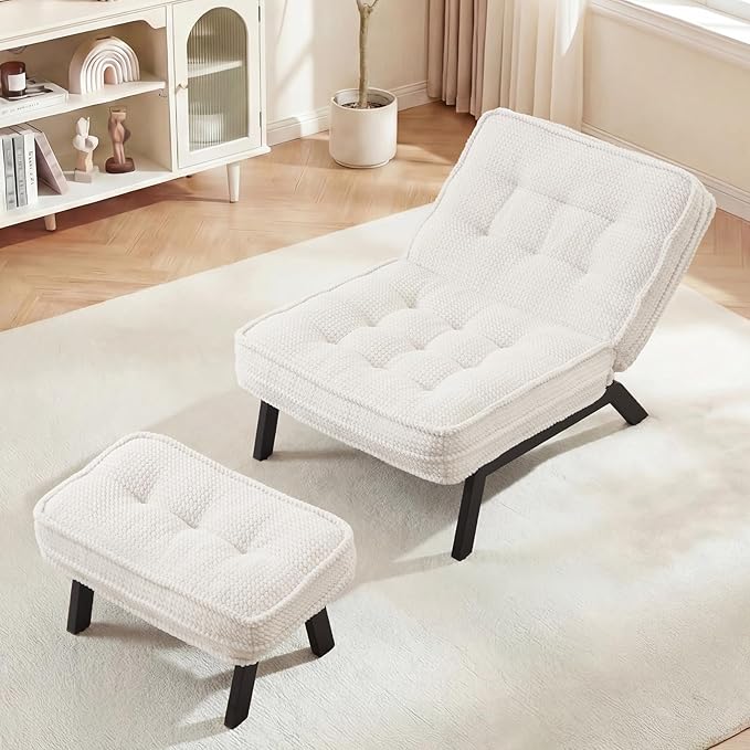 ANJ 3-Position Adjustable Accent Floor Chair with Ottoman Ergonomic Stable Lounge Chairs for Adults Thick Cushioned Comfy Reading Chair with Footrest for Living Room Bedroom White